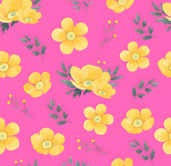 Fototapeta premium Seamless Yellow Floral Pattern with Pink Background