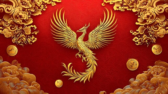 Happy New Year 2025 written in gold with intricate Chinese phoenix patterns on a vibrant red background