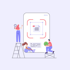 People recognize text of document with phone and ai. User scanning text file. Concept of text file recognition, OCR, optical character recognition. Vector illustration in flat design for web banner