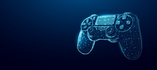 Gaming controller, glowing blue lowpoly wireframe joystick on a dark background. Vector illustration design concept for game development technology and the video game industry. © Elena