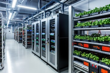 Modern data center with server racks and hydroponic plants.