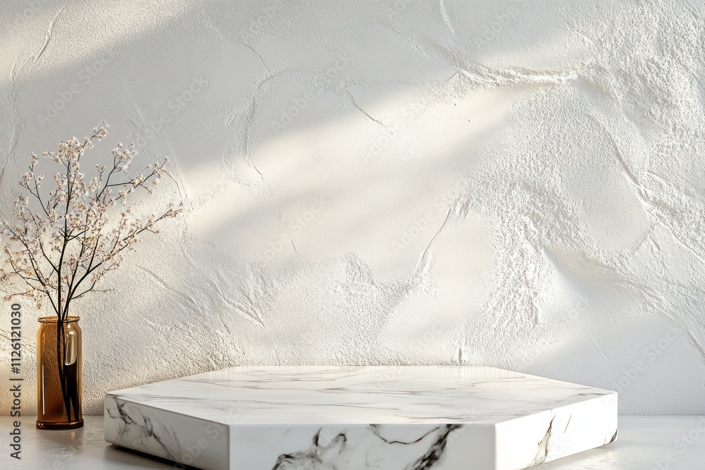 Poster a minimalist display featuring a marble surface and a vase with branches against a textured wall.