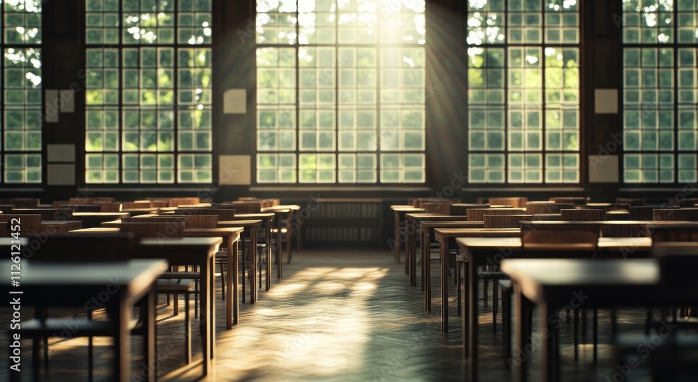 Leinwandbilder A sunlit classroom with empty desks and large windows, creating a serene learning environment.