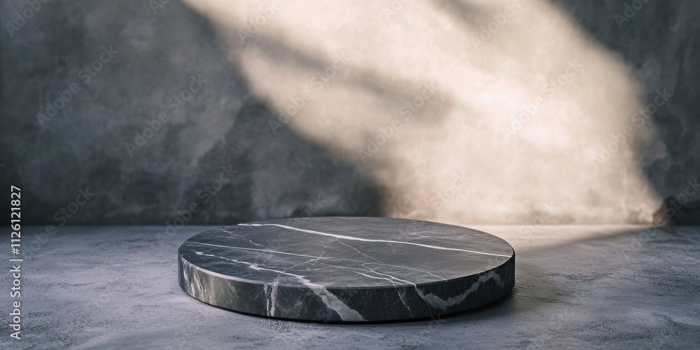 Poster a circular marble platform illuminated by soft light against a textured wall.