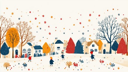 Children Playing in a Colorful Winter Landscape Illustration Design
