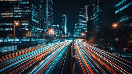 Naklejka premium Night City Highway Lights Trails, Urban Metropolis at Night