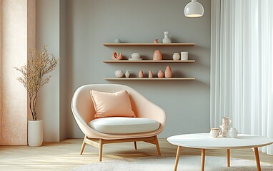 Minimalist living room interior with pastel armchair, shelves, and decor.
