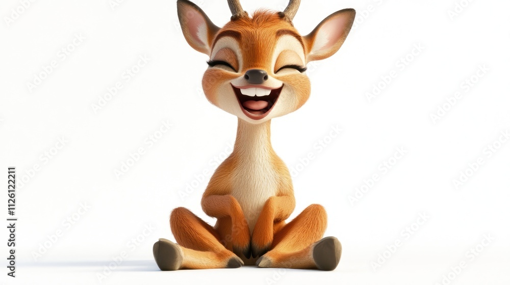 Poster a cheerful cartoon deer character smiling with joy.