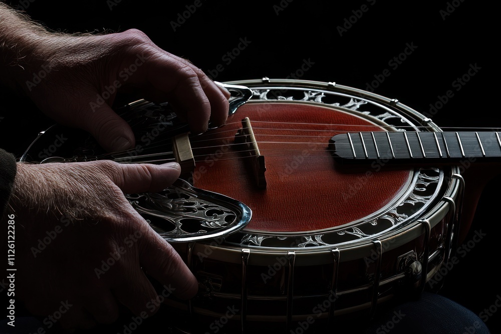 Poster a close-up of hands playing a banjo, highlighting craftsmanship and musical expression.