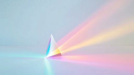 Minimalist design showcasing a prism dispersing colorful light onto a white background
