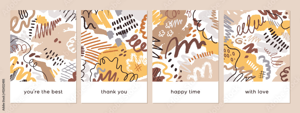 Poster doodle-style cards set. abstract freehand shapes, modern patterns, vertical backgrounds for print. p