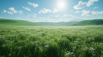 The landscape of bright green grasslands stretching to the hills, under a bright blue sky filled with white clouds, feels the simplicity and peace in the pure nature.