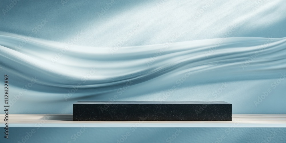 Poster A sleek black object on a light wooden shelf against a soft blue background with flowing textures.