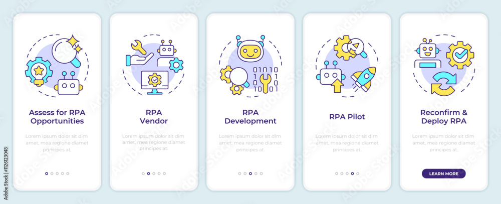 Poster rpa implementation onboarding mobile app screen. innovations walkthrough 5 steps editable graphic in