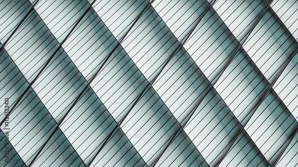Poster seamless pattern of overlapping light teal-blue triangles defined by thin black diagonal stripes, cr