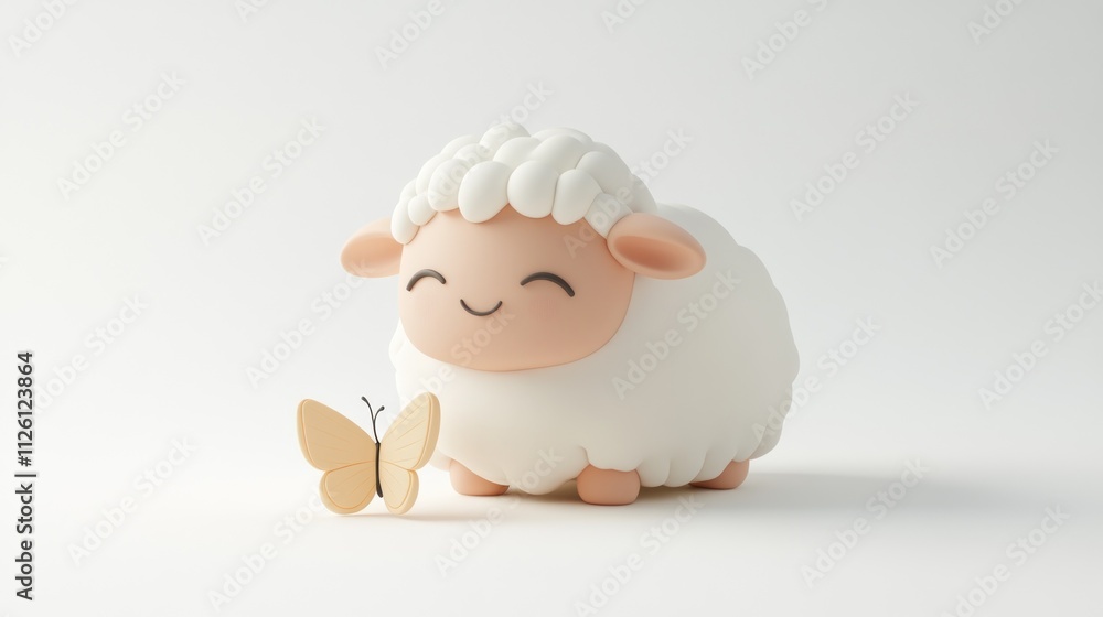 Poster a cute cartoon sheep smiling at a butterfly, showcasing a playful interaction in a serene setting.