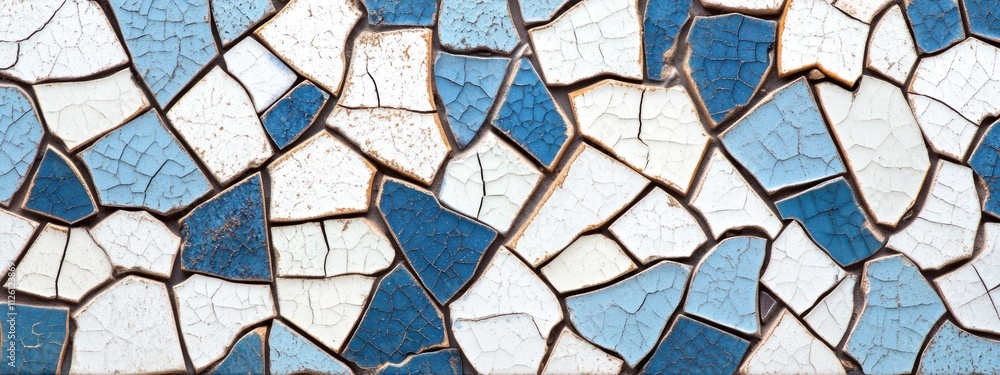 Poster a mosaic pattern featuring various shades of blue and white tiles with a cracked texture.
