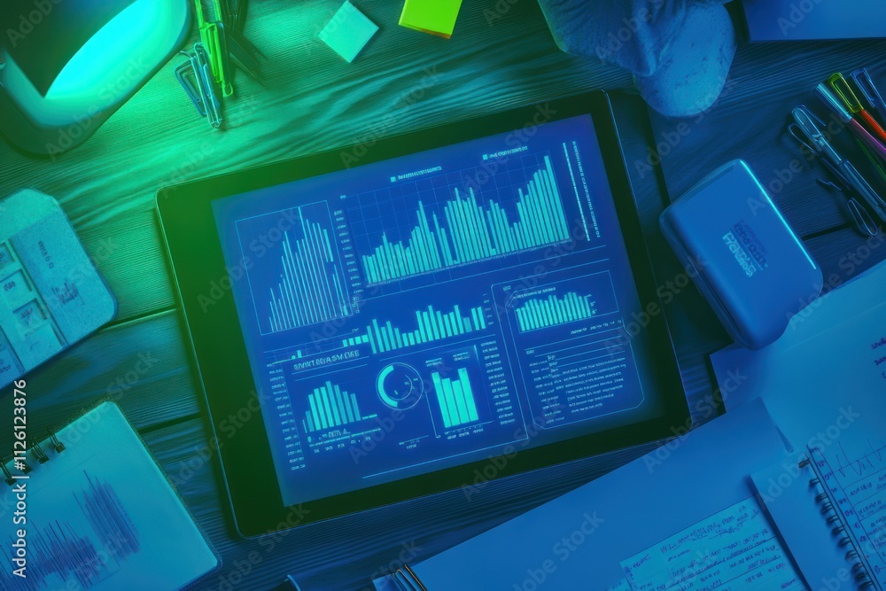 Poster A tablet displaying data visualizations and graphs on a wooden surface.