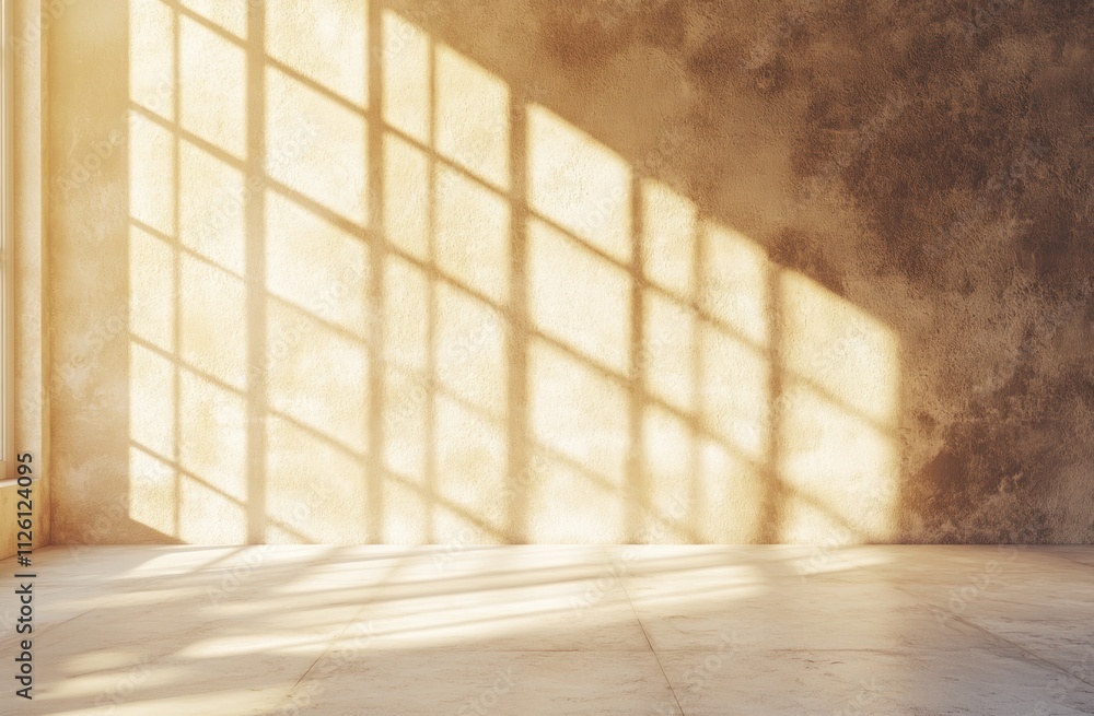 Poster a sunlit interior with textured walls and shadow patterns from windows.