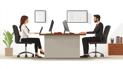 Professional Employee Working in Modern Office with Flat Design Elements