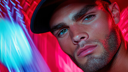 Young Man Posing With Striking Facial Features and a Dynamic Background, Illuminated by Vibrant Red and Blue Lights During a Creative Photoshoot in an Urban Setting