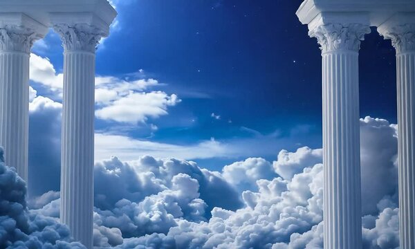 A serene scene featuring towering white columns amidst fluffy clouds under a starry night sky, evoking a sense of ethereal beauty and tranquility.
