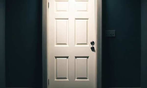 A dimly lit hallway features a closed door, inviting curiosity and a sense of mystery in a shadowy atmosphere.