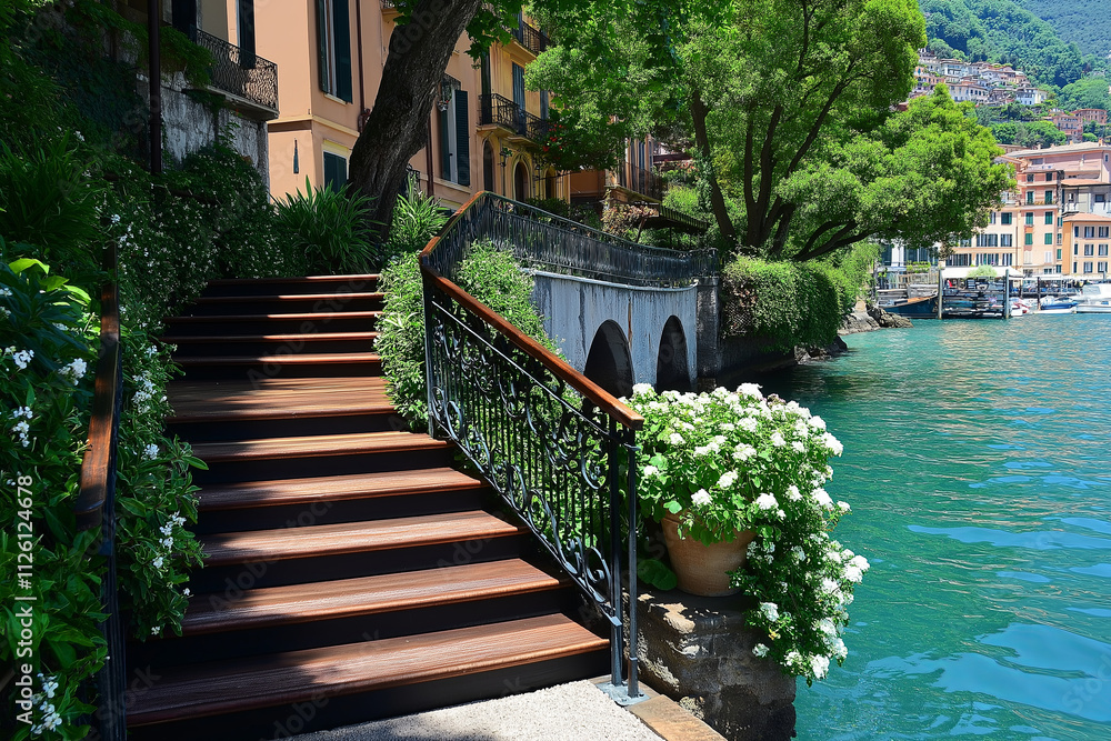 Poster a modern staircase with floating wooden steps and a sleek black railing