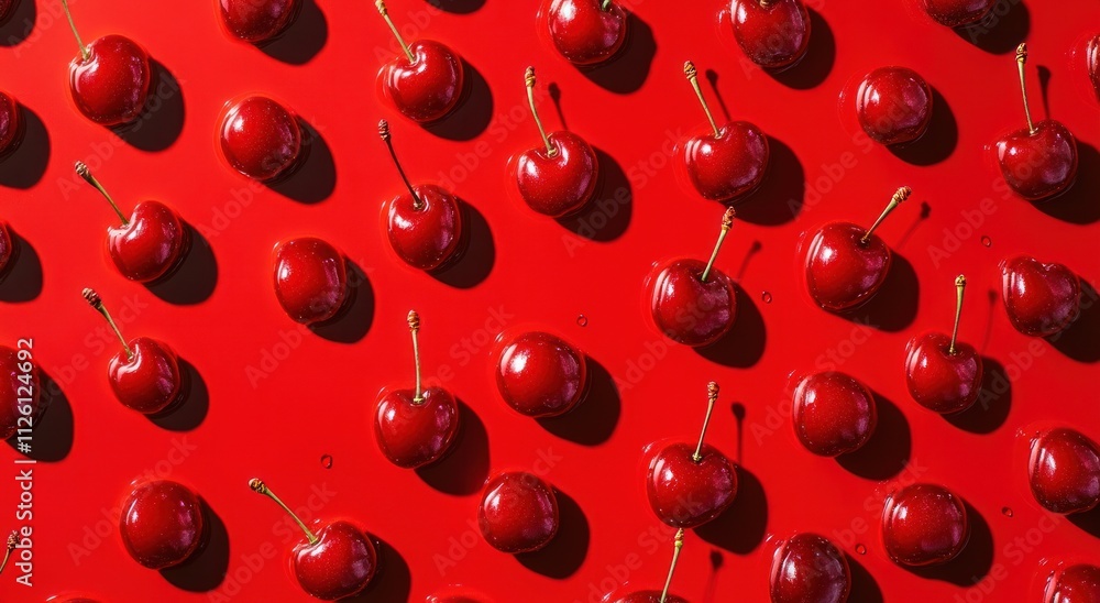 Poster a vibrant arrangement of cherries on a glossy red surface, creating a striking visual effect.