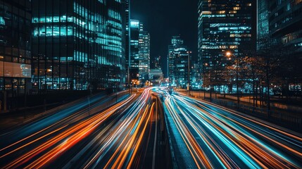 Fototapeta premium Night Cityscape: Vibrant Light Trails and Urban Architecture