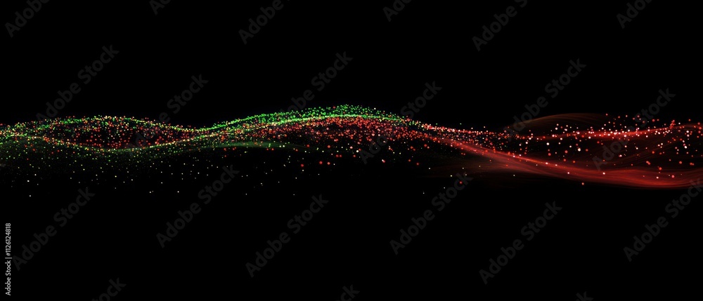 Fototapete abstract wave pattern with red and green particles on a black background.