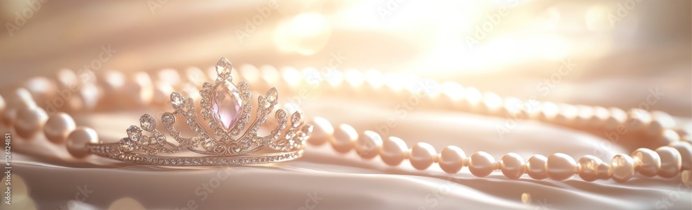Poster A sparkling tiara rests elegantly on a string of pearls, illuminated by soft light.