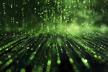 An array of luminous green particles cascades in an abstract formation, resembling a rain-like effect, creating a captivating and immersive atmosphere.