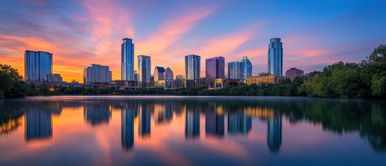 Obraz premium city skyline at sunset reflecting on water