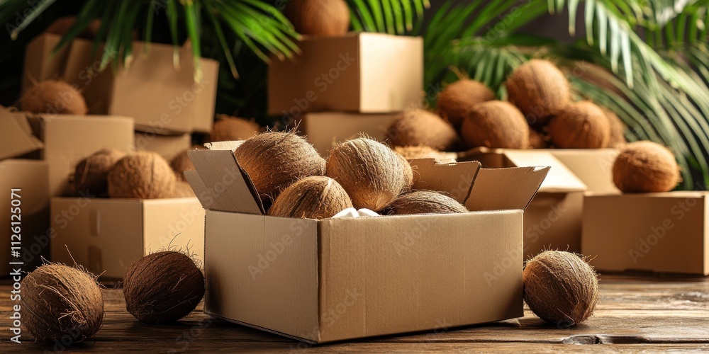 Poster a box filled with coconuts surrounded by more coconuts and greenery.