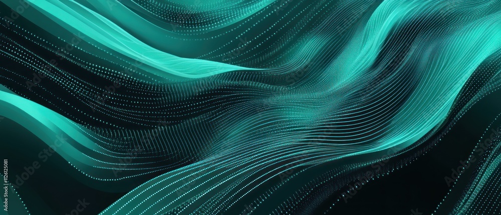 Poster abstract waves in teal and black, suggesting motion and depth.