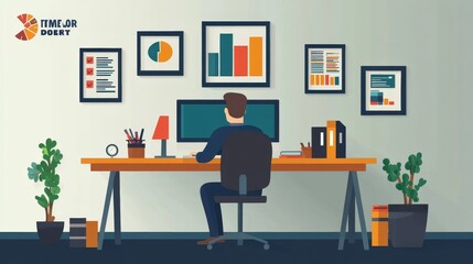 Employee Working in Modern Office with Flat Design Elements