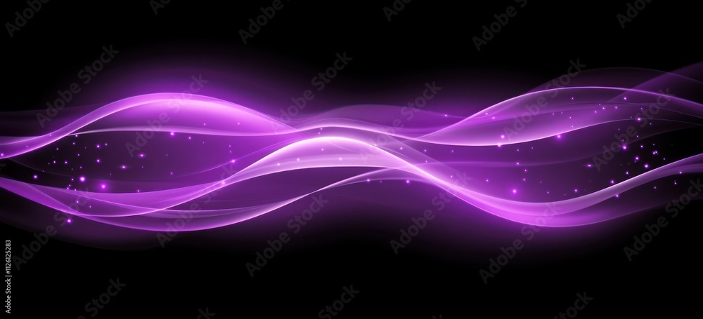 Poster Abstract purple waves with a smooth gradient and sparkling elements on a black background.