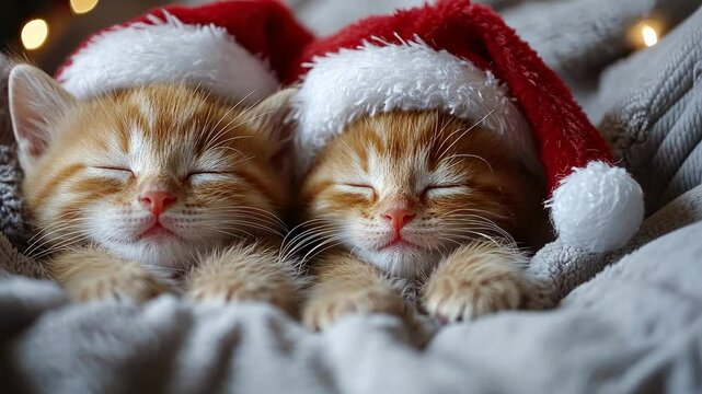  little cute ginger kittens in santa claus hats sleeping in a fluffy blanket on a white background, christmas, charming cat, new year, holiday, animals