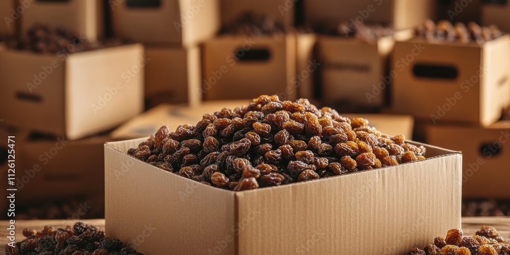 Poster a box overflowing with raisins, surrounded by additional boxes in a storage setting.