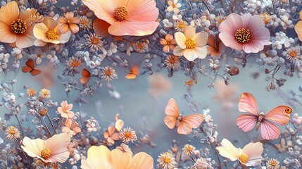 Fototapeta premium Pastel Flowers and Butterflies in a Serene Garden