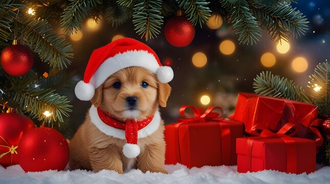 Adorable Christmas Puppy in Santa Hat, Festive Puppy Under the Christmas Tree, Santa's Little Helper, Cute Holiday Puppy with Gifts and Ornaments, Puppy Love at Christmas 4k Desktop Wallpaper