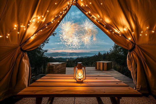 Scene of fireworks illuminating evening sky, viewed from a warmly lit tent with fairy lights and a wooden table adorned with lantern. Perfect blend of celebration and tranquility in nature