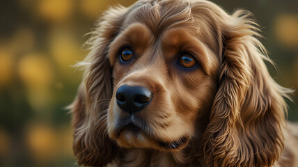 Adorable Cocker Spaniel Portrait: A Stunning Close-Up of a Brown Cocker Spaniel Dog with Deep Brown Eyes Against a Blurred Autumnal Background