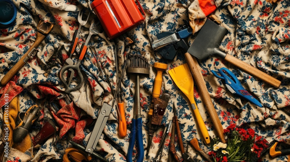 Poster a collection of various tools scattered on a patterned fabric surface.