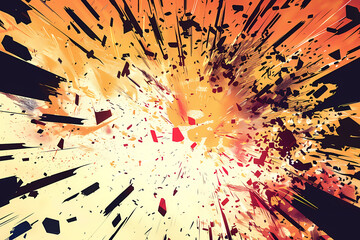 An explosive burst of color and debris, showcasing dynamic movement in shades of orange, yellow, and black.