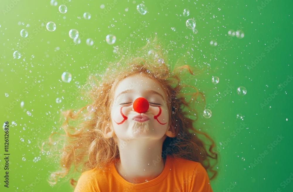 Poster a playful child with curly hair submerged in bubbles, wearing a clown nose and smiling.