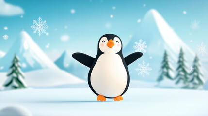 Fototapeta premium Cheerful cartoon penguin in a snowy winter landscape