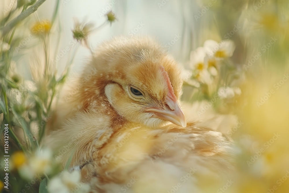 Poster a close-up of a chick nestled among flowers, showcasing its soft feathers and gentle expression.
