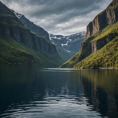 A tranquil fjord surrounded by towering cliffs.